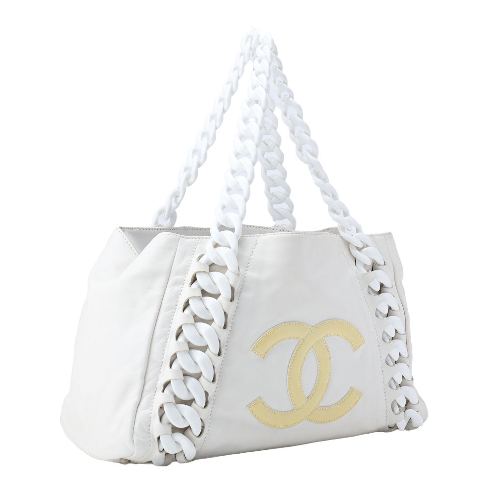 Pre-Owned Schultertasche Coco Mark Kunststoff Kette Schulter Lammleder Weiß Gold-Ton Hardware Pre-Owned