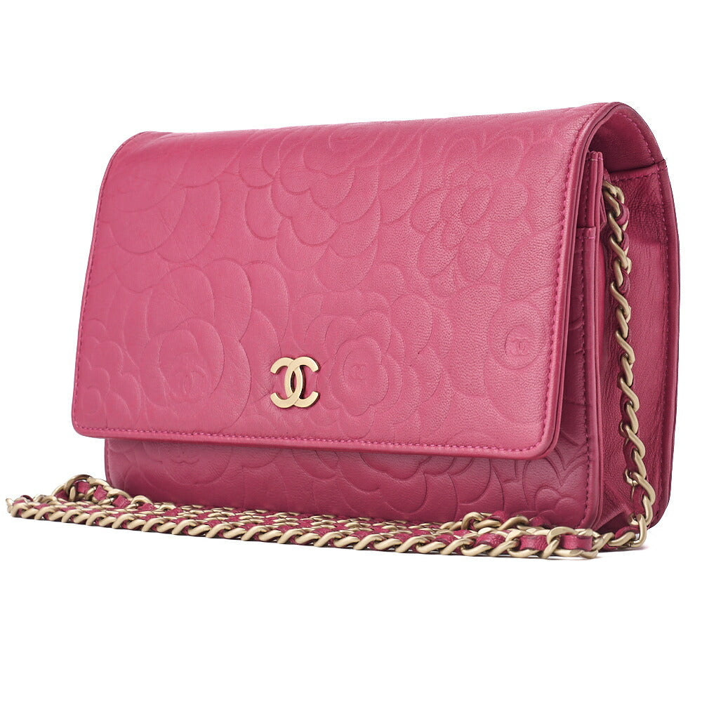 Pre-Owned Schultertasche Kette Geldbörse Lammleder Pink Gold-Ton Hardware Pre-Owned