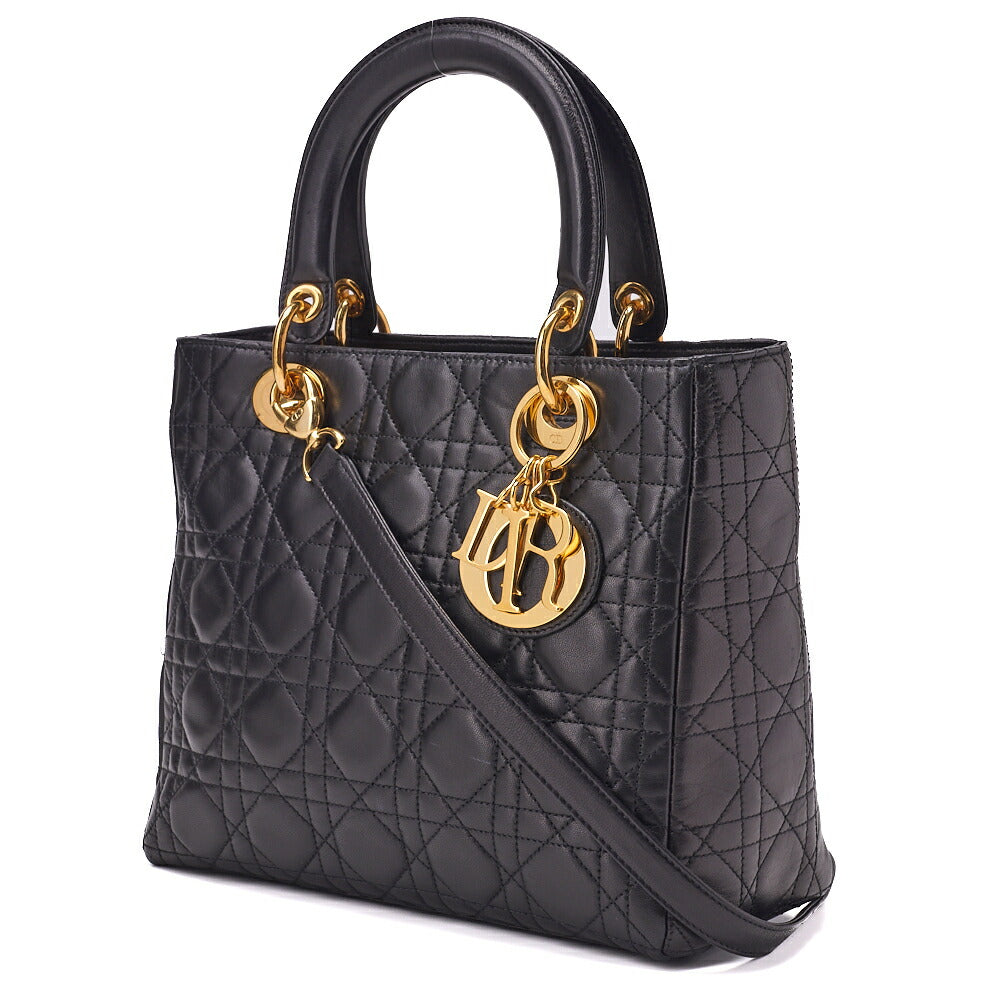 Gebrauchte Lady Cannage 2WAY Handtasche Lammleder Schwarz Goldfarbene Hardware Gebraucht