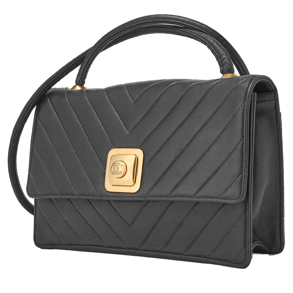 Pre-Owned Schultertasche, V-Stich, Lammleder, Schwarz, Goldfarbene Metallteile, Pre-Owned