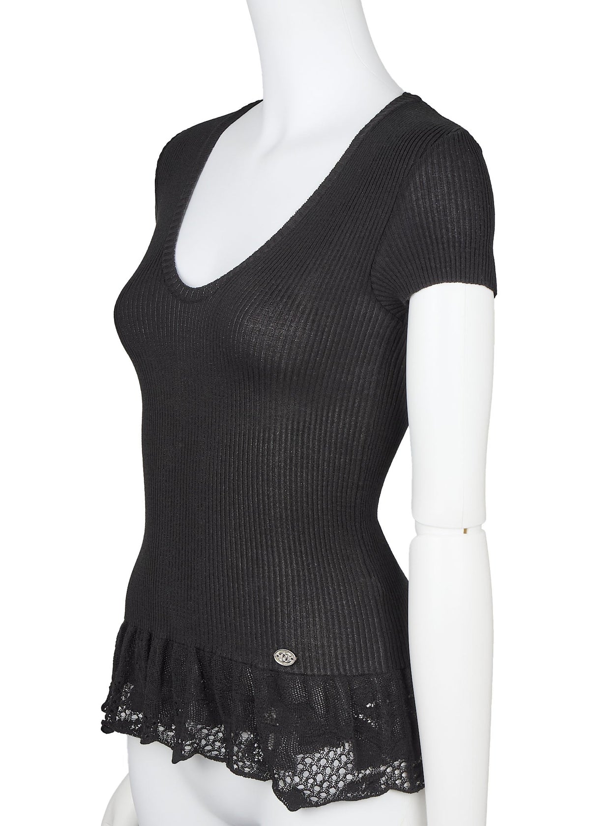 Gebrauchtes T-Shirt, Coco Mark Strickspitze, Baumwoll-Nylon-Mischung, Schwarz, silberfarbene Metallteile, gebraucht
