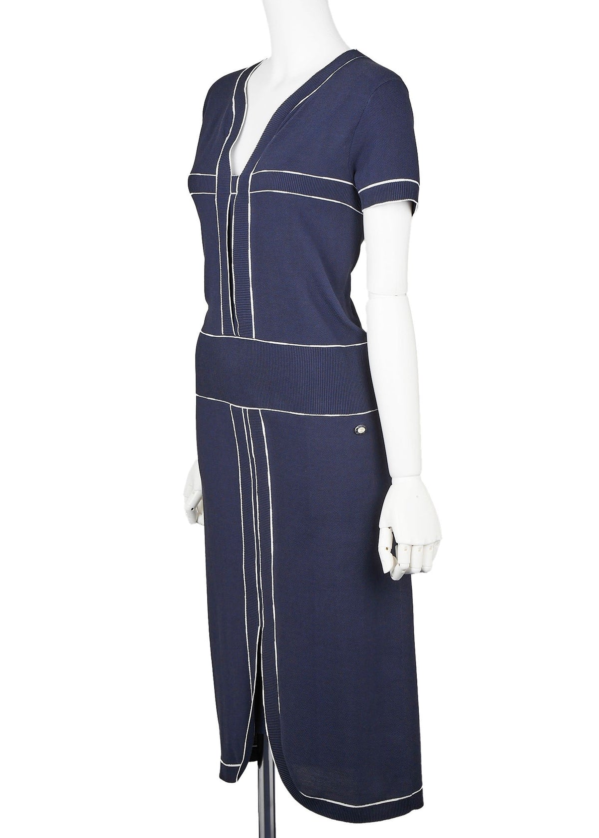 Pre-Owned One Piece Dress, Zweifarbig, Baumwolle, Marineblau, Goldfarbene Metallteile, Pre-Owned