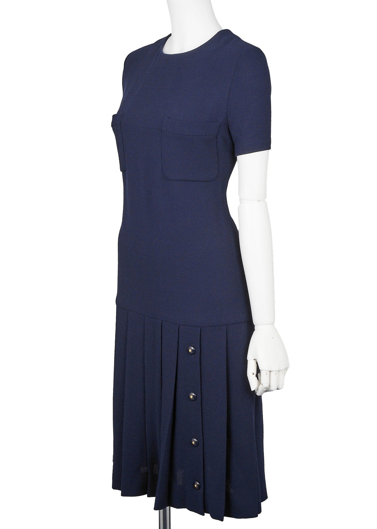 Gebrauchtes Kleid, Coco Button Plissee, Wolle, Marineblau, Goldfarbene Hardware, Gebraucht