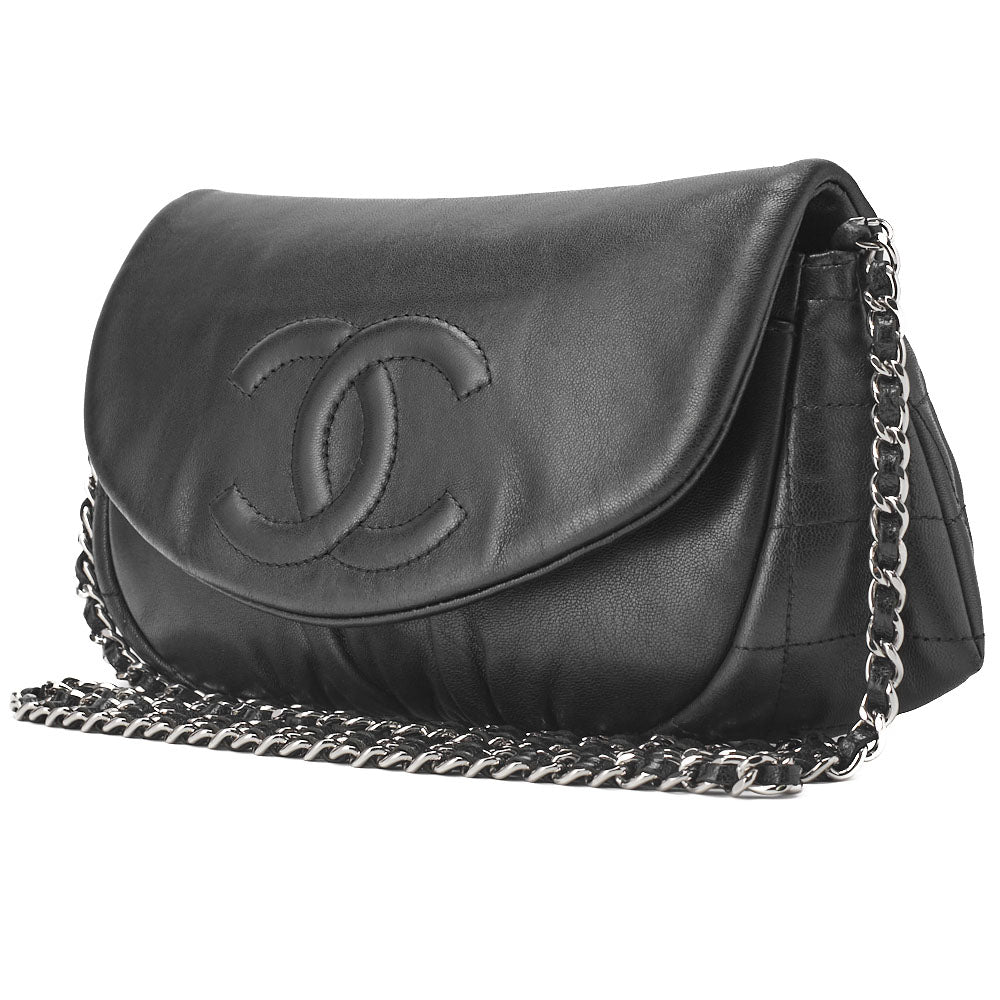 Pre-Owned Schultertasche Kette Geldbörse Lammleder Schwarz Silberfarbene Hardware Pre-Owned