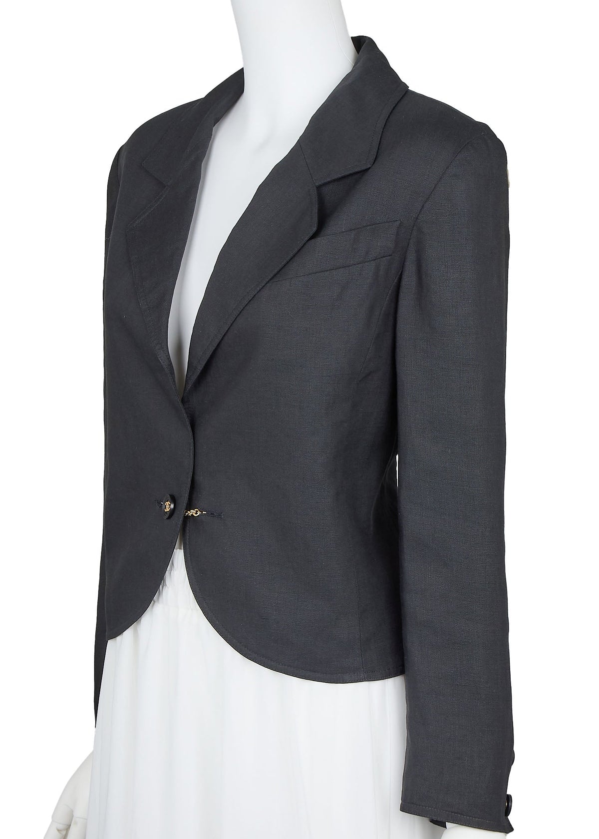 Pre-Owned Kurze Jacke, Coco Button, Leinen, Schwarz, Silberfarbene Hardware, Pre-Owned