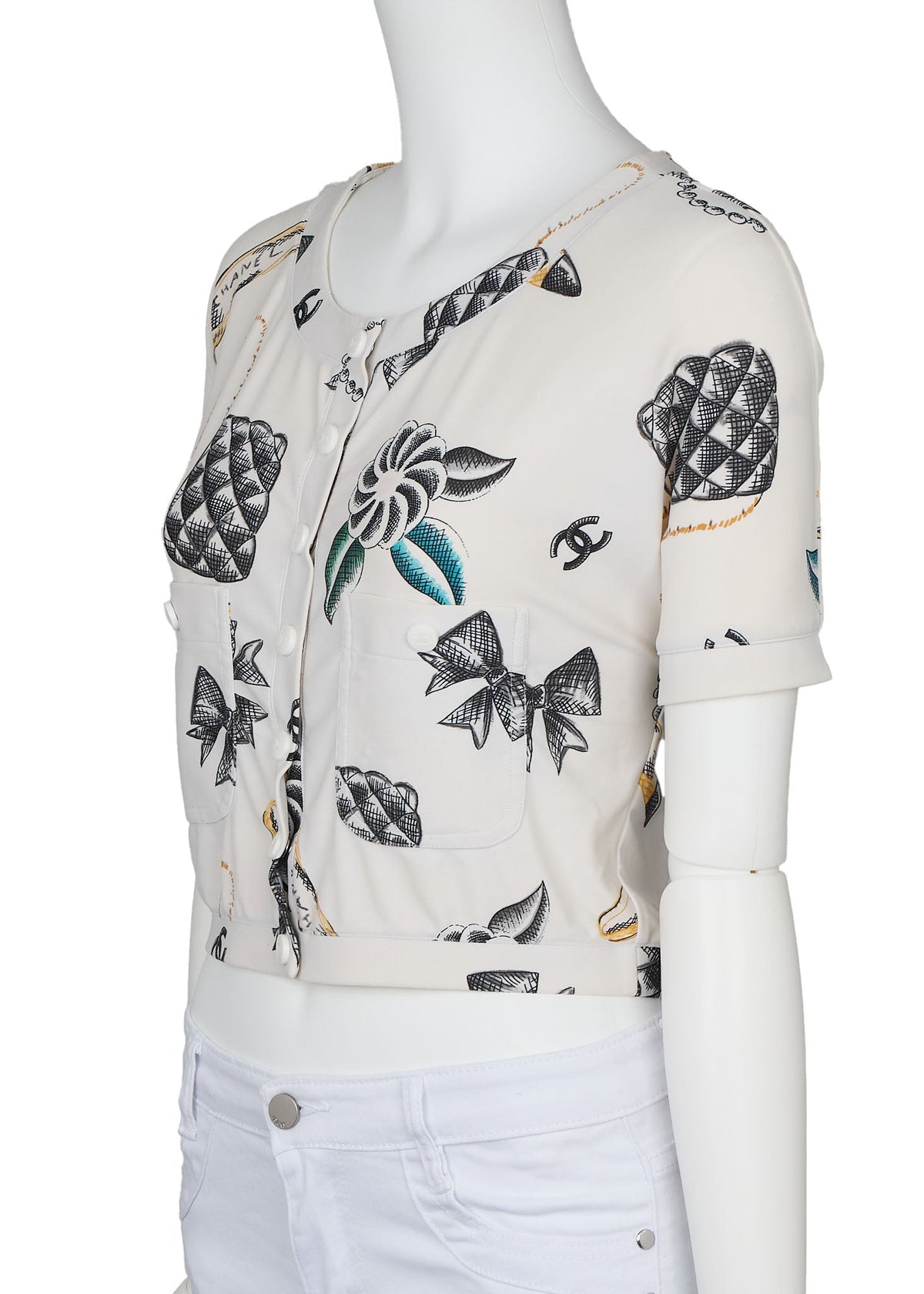 Gebrauchtes T-Shirt, Cropped, Total Pattern, Nylon-Spandex-Mischung, Weiß, Goldfarbene Hardware, Gebraucht