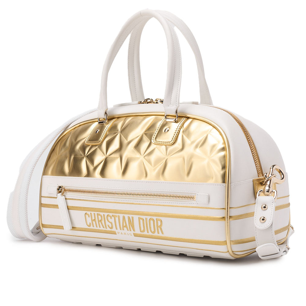 Gebrauchte 2WAY Boston Bag Leder Gummi Weiß Goldfarbene Hardware Gebraucht