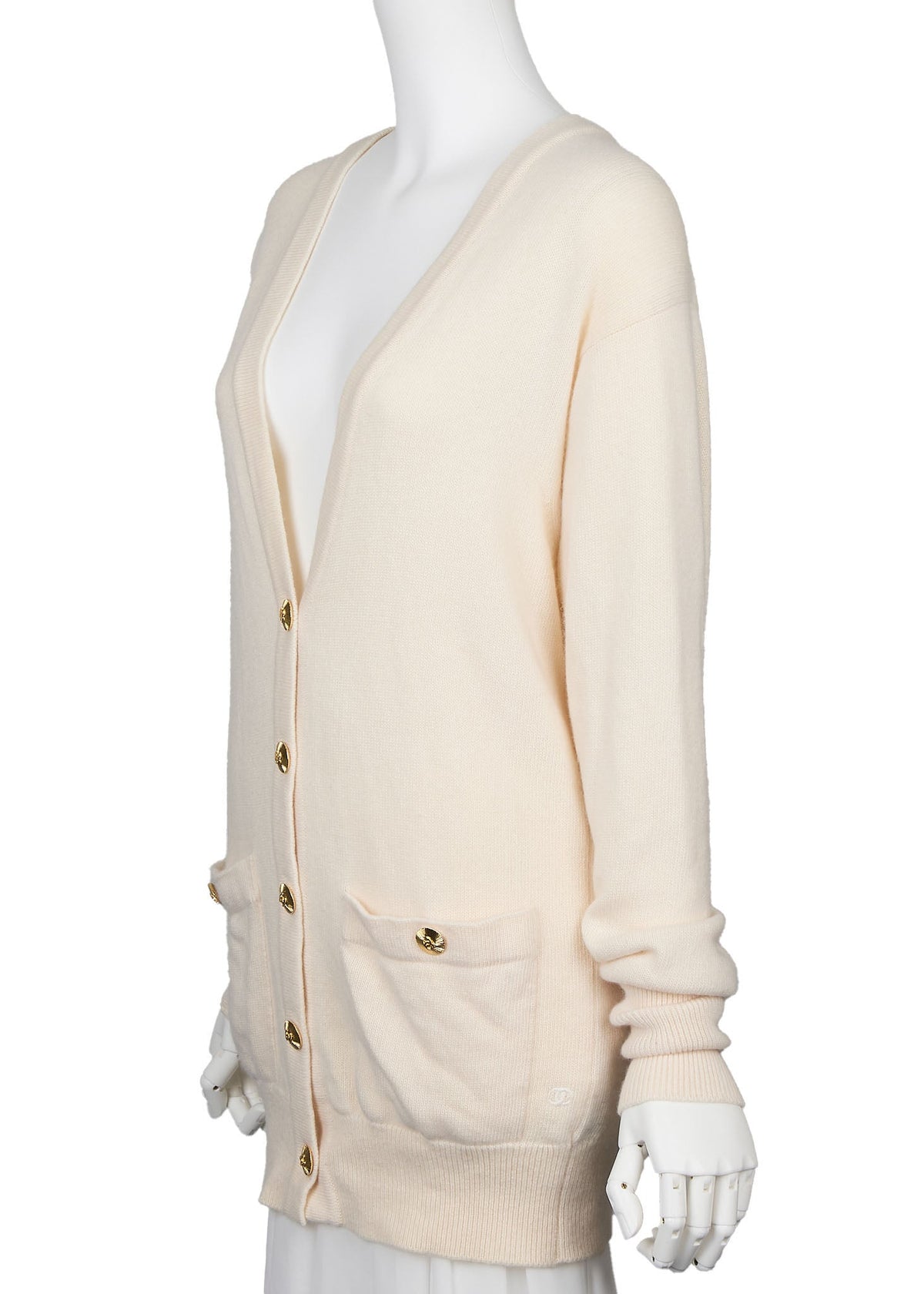 Pre-Owned Cardigan, Coco Mark, Langarm, Kaschmir, Beige, Goldfarbene Metallteile, Pre-Owned