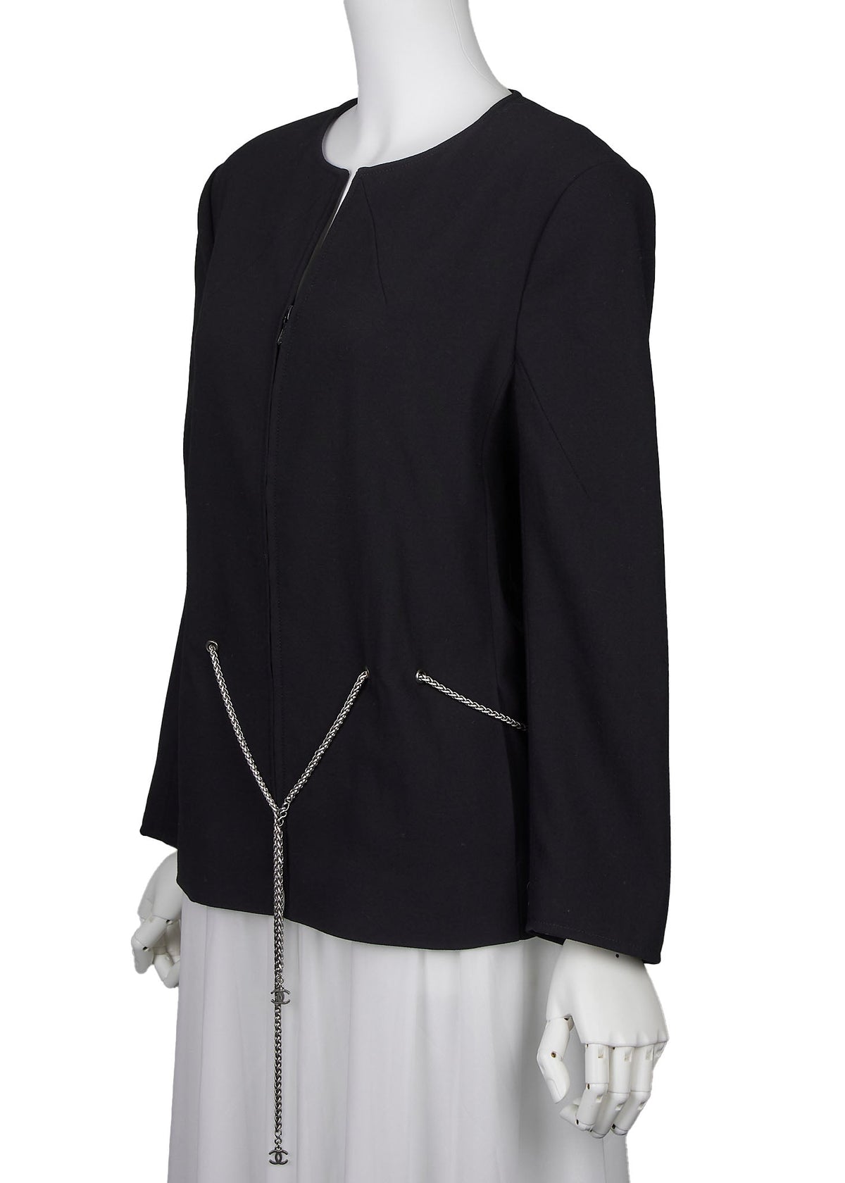 Gebrauchte Taillenkettenjacke, Ohne Kragen, Wolle, Schwarz, Goldfarbene Metallteile, Gebraucht