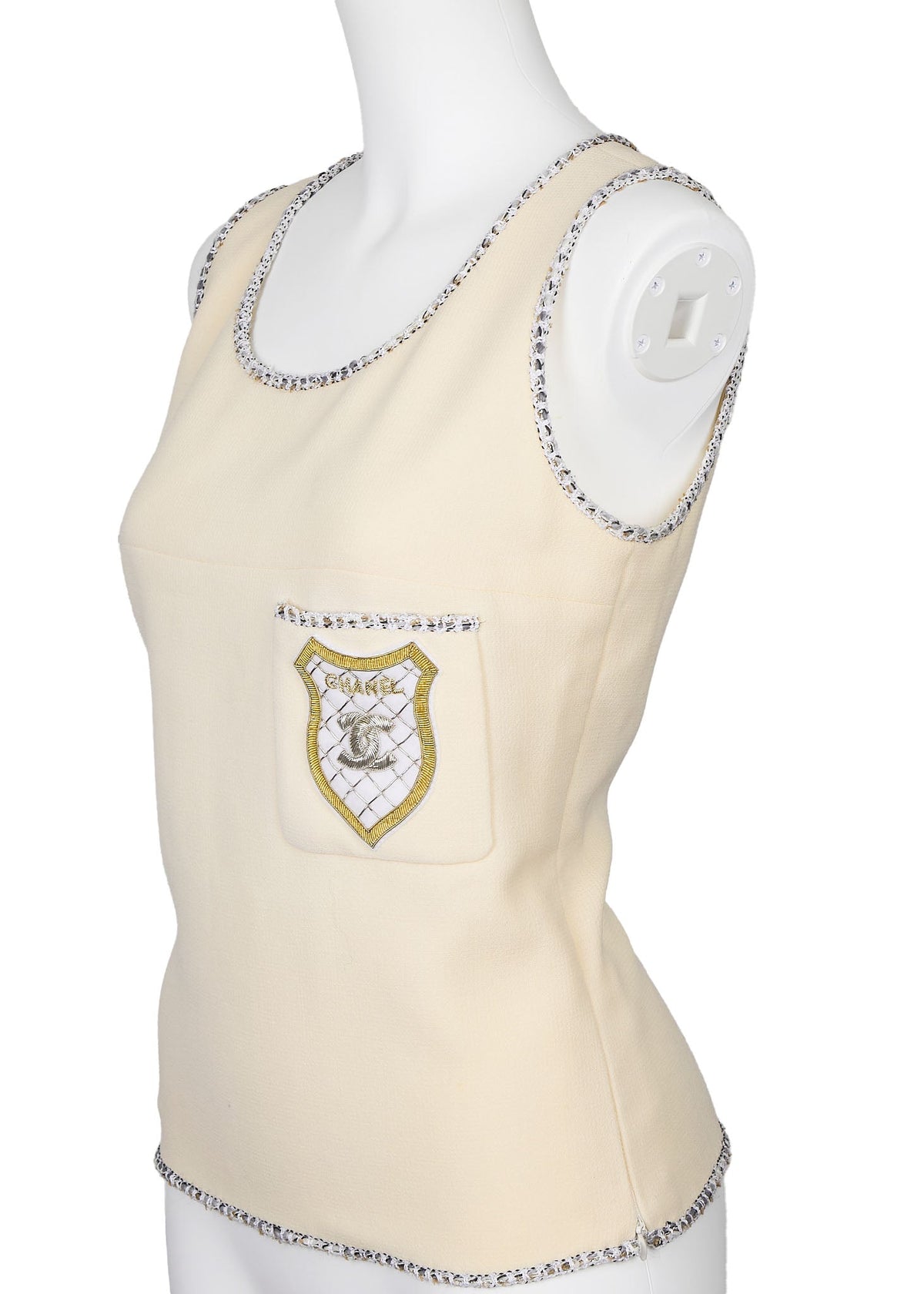 Pre-Owned Ärmelloses Top, Coco Mark Emblem, Wolle, Beige, Goldfarbene Hardware, Pre-Owned