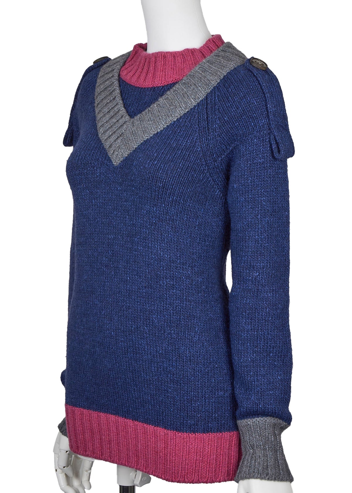 Gebrauchter Strickpullover, Coco-Knopf, Kaschmir-Seiden-Wollmischung, Marineblau, goldfarbene Metallteile, gebraucht