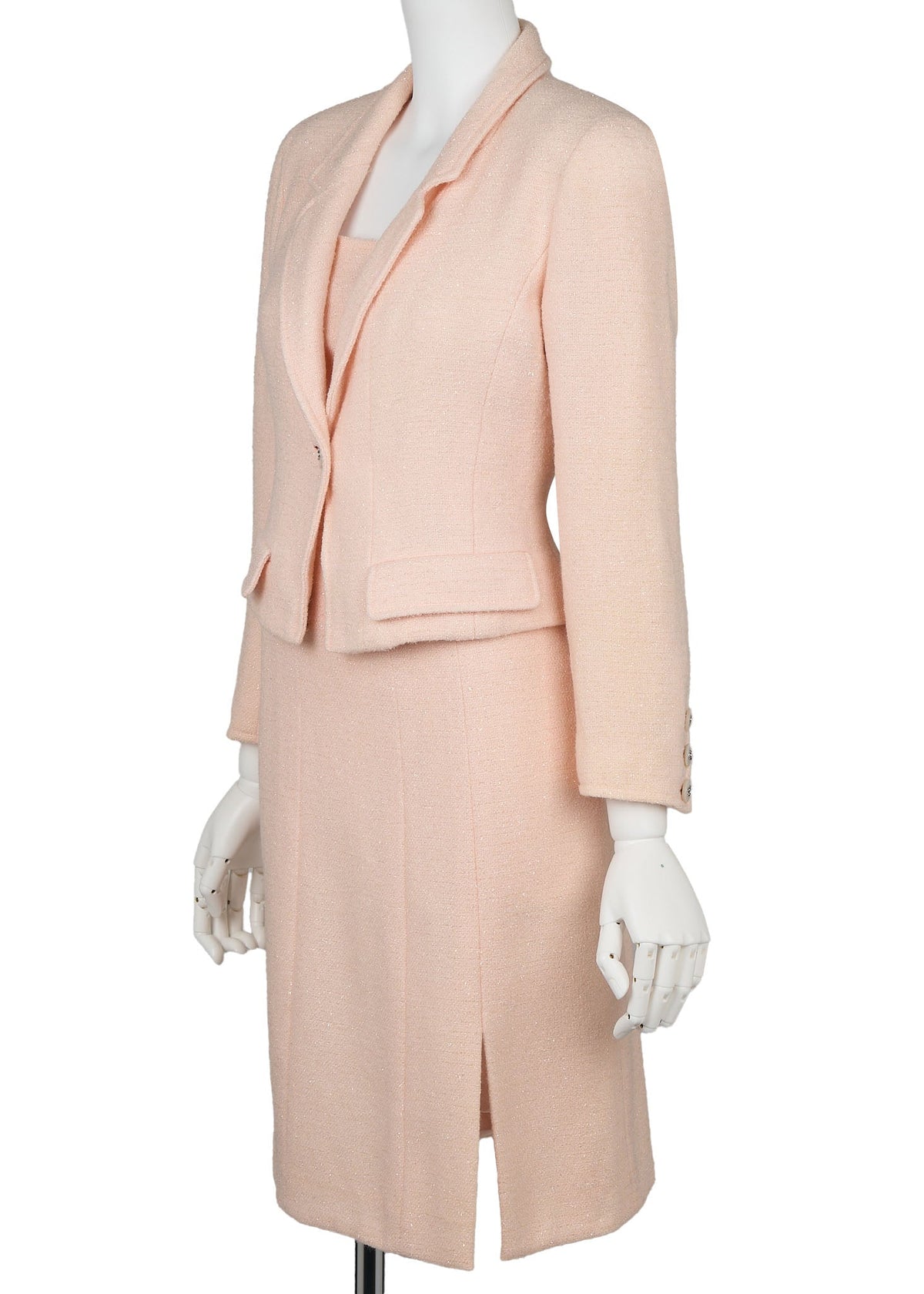 Pre-Owned Jacken-Rock-Set, Coco-Knopf, Wollmischung, Pink, goldfarbene Metallteile, Pre-Owned