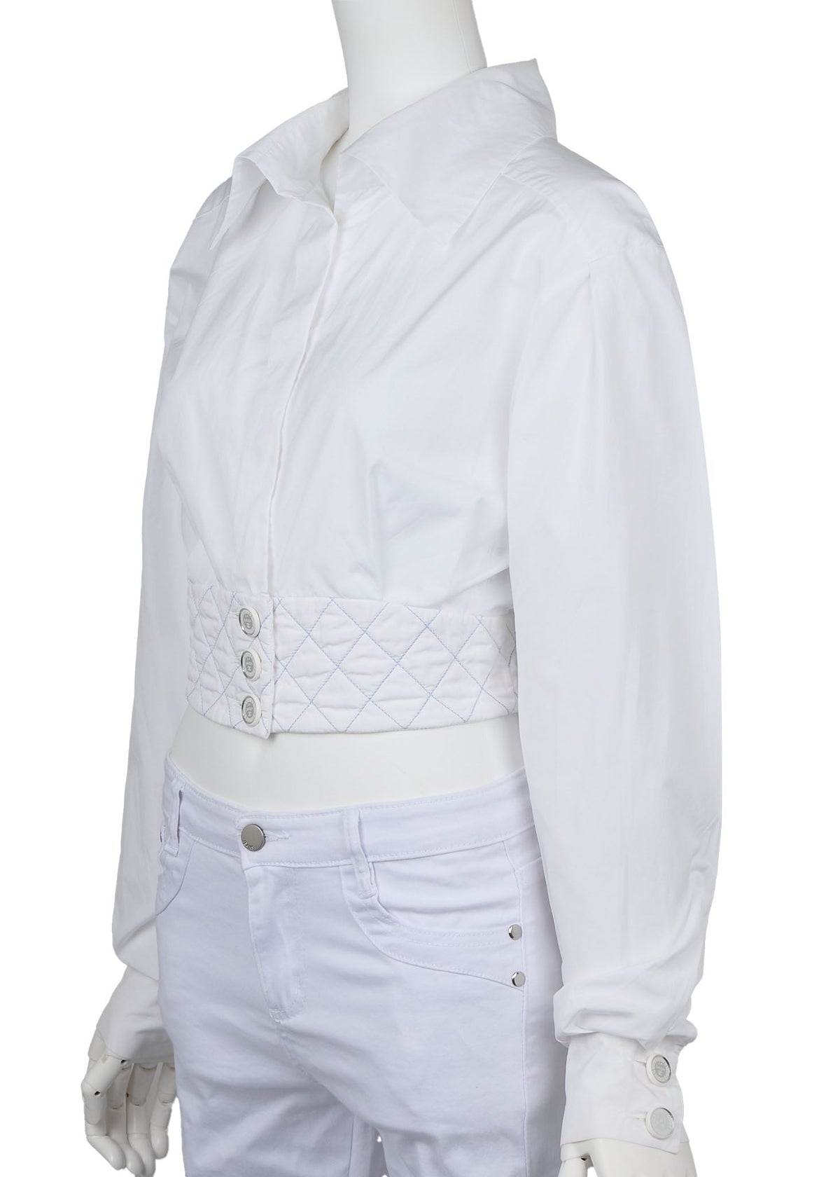 Pre-Owned Cropped Bluse, Coco Button, Baumwolle, Weiß, Silberfarbene Hardware, Pre-Owned