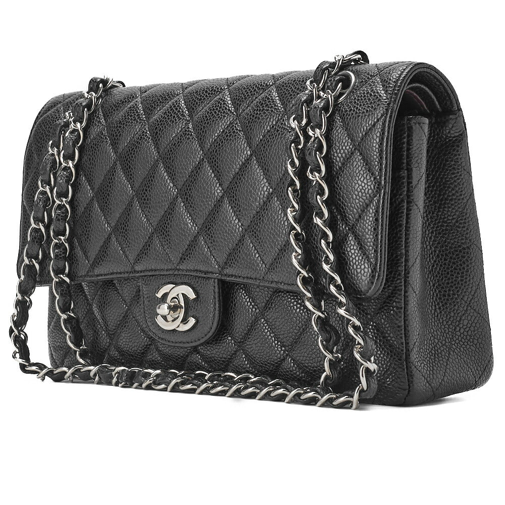 Gebrauchte Schultertasche, Matelassé Turn Lock Double Flap 25, Kaviarhaut, Schwarz, Silberfarbene Metallteile, Gebraucht