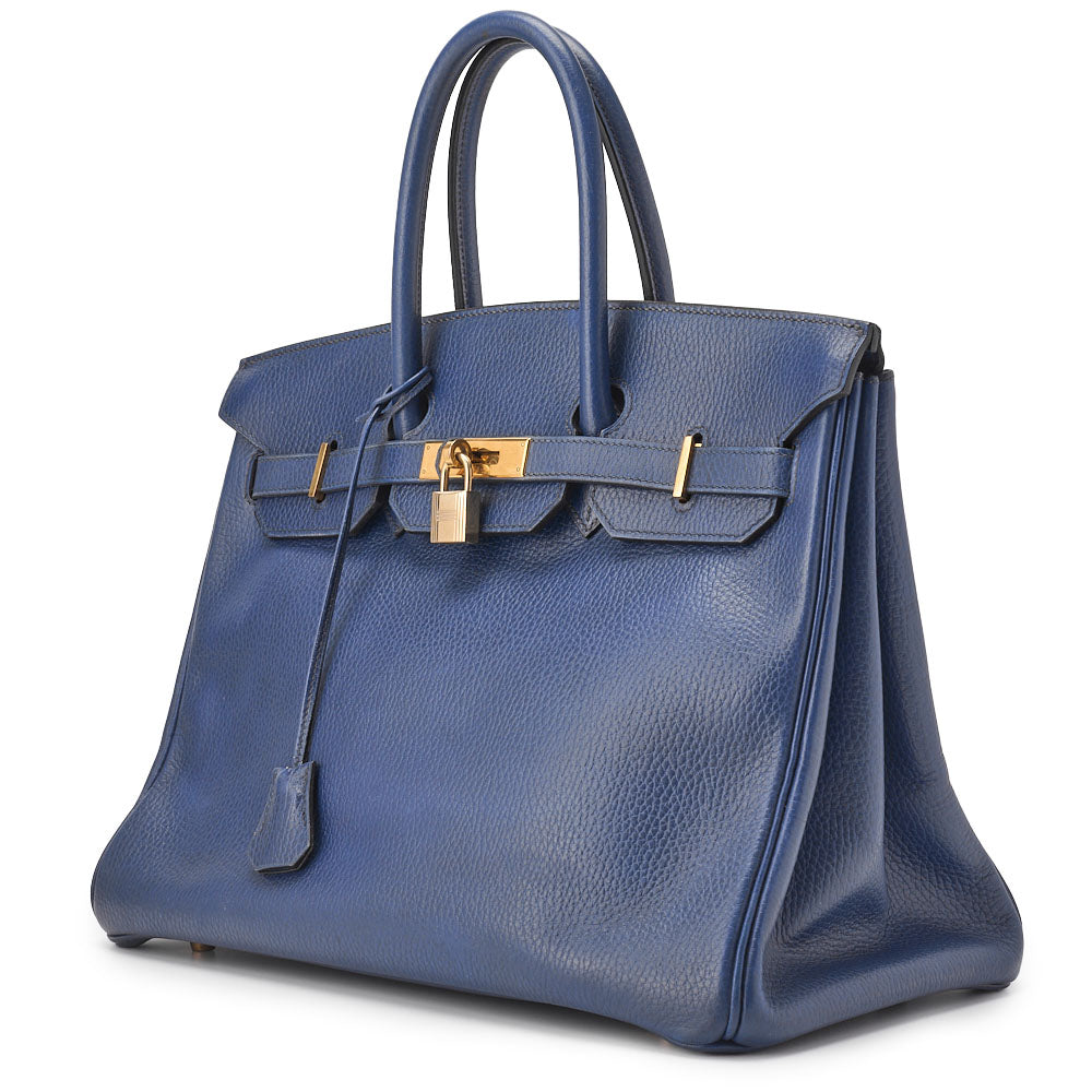 Gebrauchte Birkin 35 Handtasche, Ardennes Leder, Marineblau, Goldfarbene Metallteile, Gebraucht