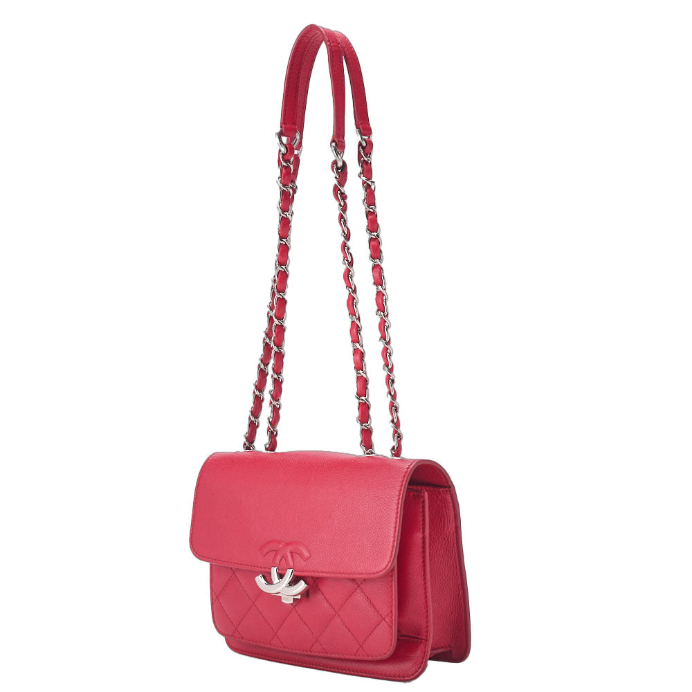 Gebrauchte Umhängetasche Tote Bag Matelasse Coco Push Lock Kette Schulter Kaviar Haut Rot Silberfarbene Hardware Gebraucht