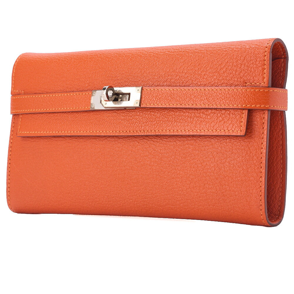 Gebrauchte Kelly Wallet 2 Fold Long Wallet Chevre Mizol Orange Silberfarbene Hardware Gebraucht