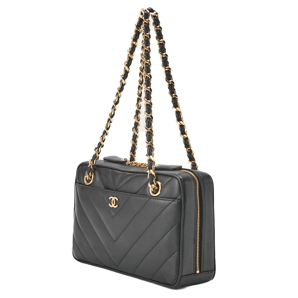 Pre-Owned Chain Handtasche V-Stitch Kalbsleder Schwarz Goldfarbene Hardware Pre-Owned