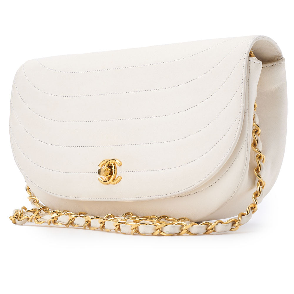 Pre-Owned Schultertasche Border Stitch Half Moon Lammleder Weiß Gold-Ton Hardware Pre-Owned