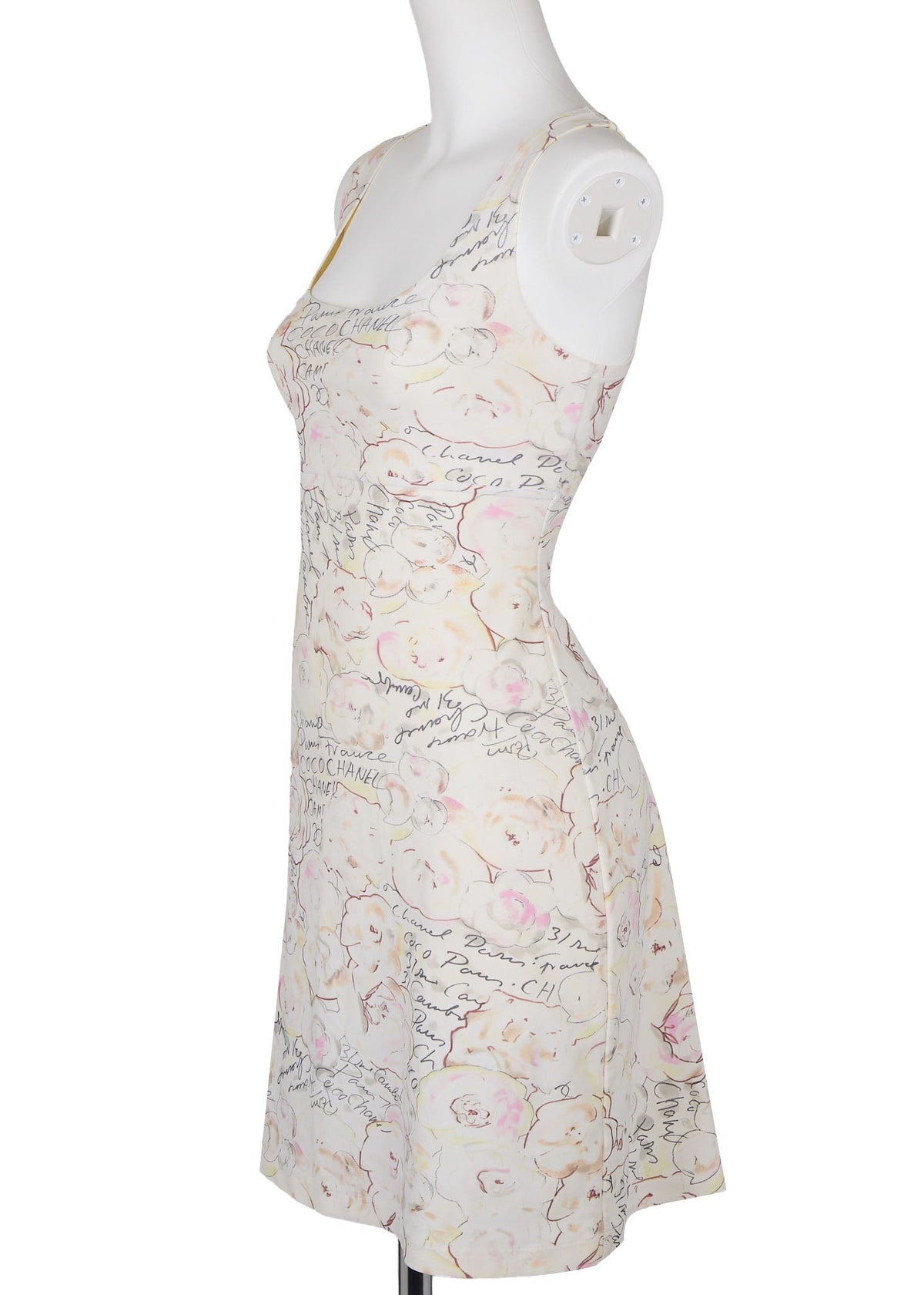 Ärmelloses Kleid aus zweiter Hand, Kamelien-Logo, Nylonmischung, Elfenbein, silberfarbene Metallteile, gebraucht