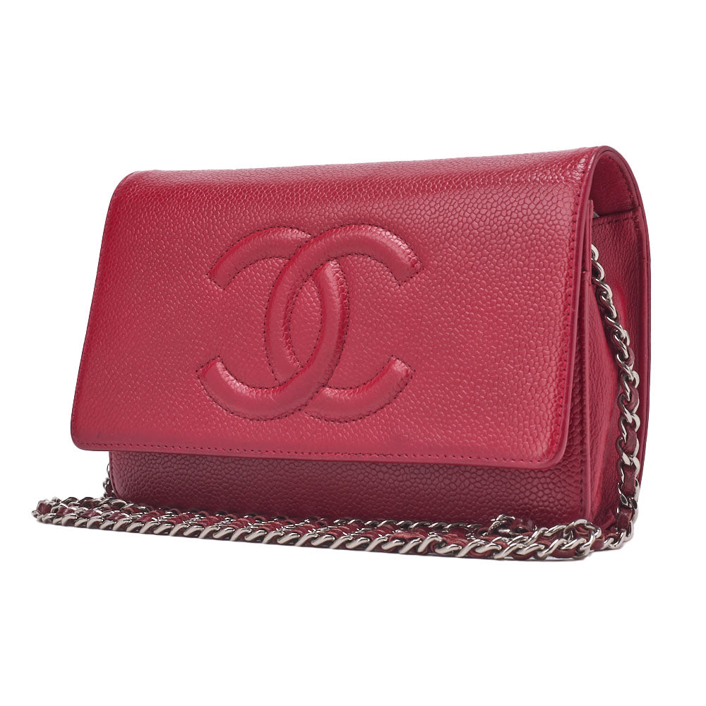 Pre-Owned Schultertasche Kette Geldbörse Caviar Skin Rot Silberfarbene Hardware Pre-Owned
