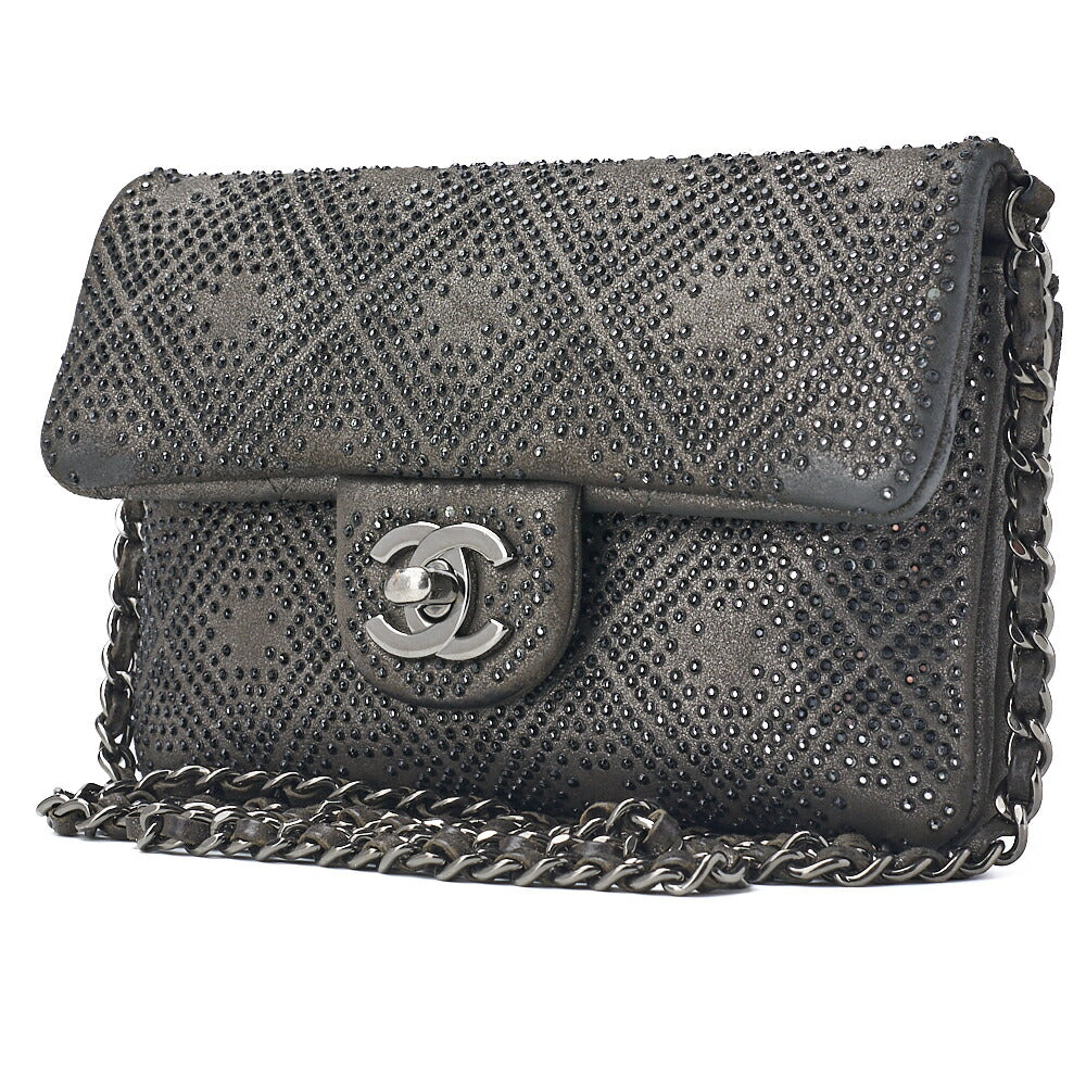 Pre-Owned Chain Shoulder Bag Mini Matelassé Stone Leder Grau Silberfarbene Hardware Pre-Owned