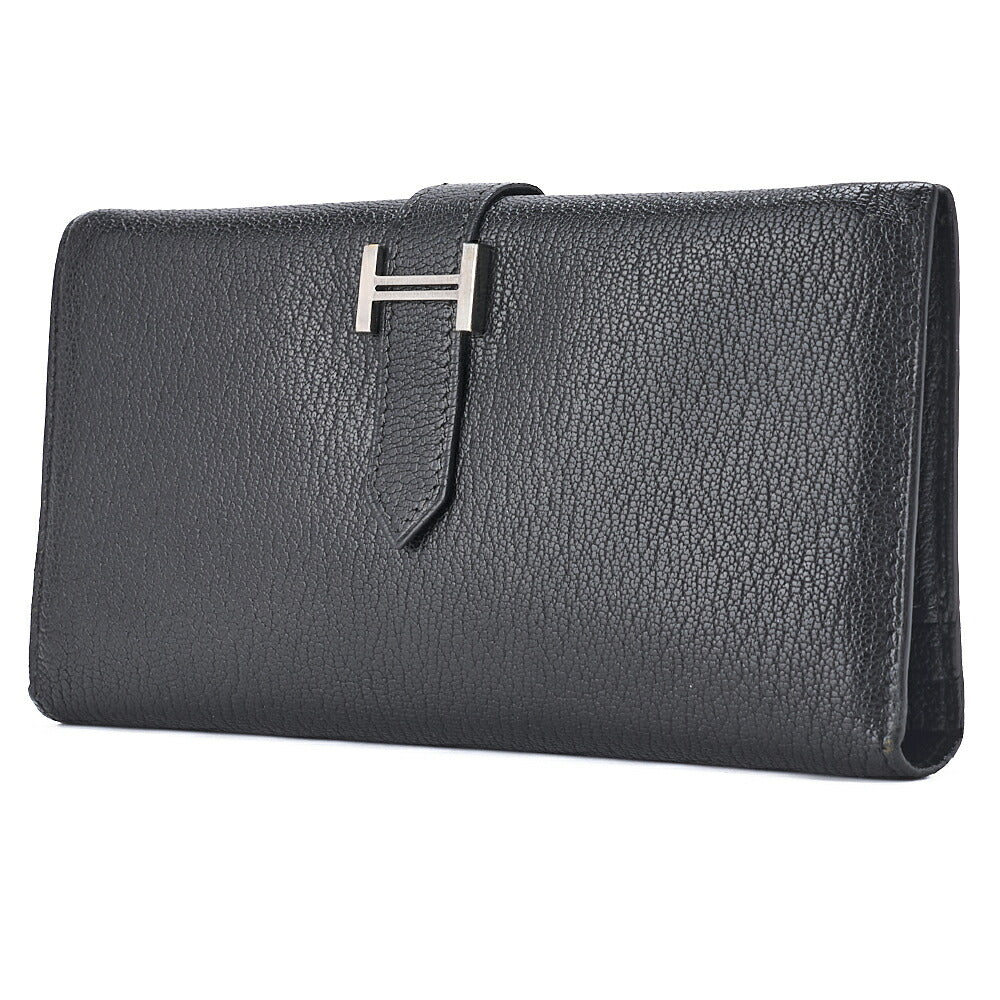 Bairn Classic Bi-fold Long Wallet, Chèvre, Schwarz, Silberfarbene Metallteile, Gebraucht