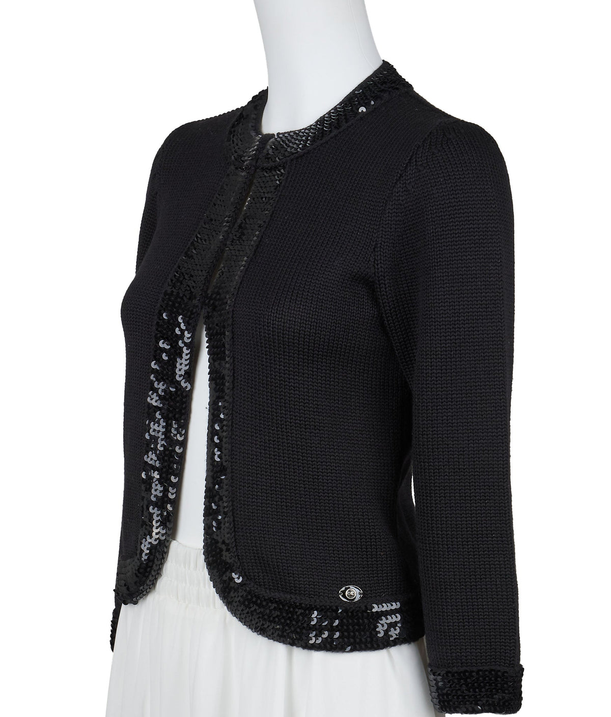 Pre-Owned Cardigan, Kurze Länge, Strick, Wolle, Schwarz, Goldfarbene Metallteile, Pre-Owned