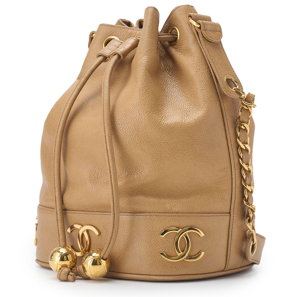Pre-Owned Chain Shoulder Bag Triple Coco Drawstring Caviar Skin Beige Gold-Tone Hardware Pre-Owned