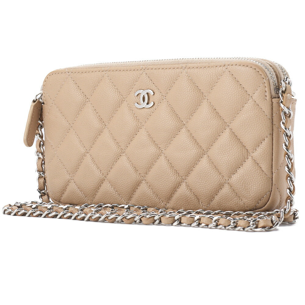Pre-Owned Schultertasche Kette Geldbörse Matelassé Kaviar Haut Beige Silber-Ton Hardware Pre-Owned