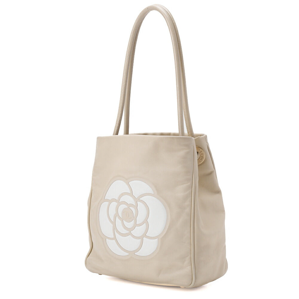 Gebrauchte Tragetasche Camellia Line Lammleder Elfenbein Goldfarbene Hardware Gebraucht