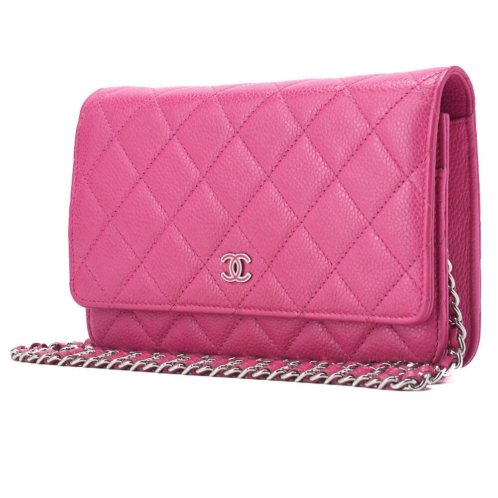 Gebrauchte Geldbörse mit Kette, Matelassé, Kaviarhaut, Rosa, silberfarbene Metallteile, gebraucht