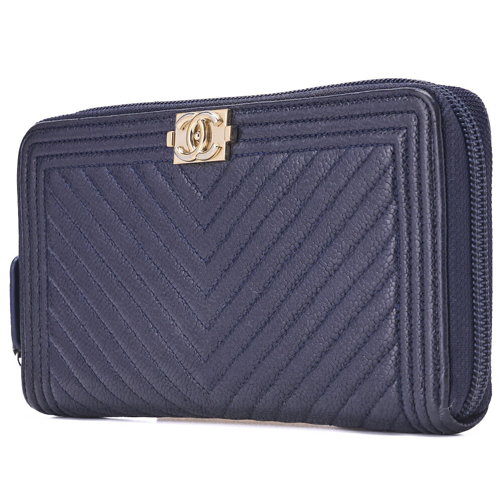 Gebrauchte Boy V-Stitch Runde Lange Geldbörse, Kaviarhaut, Marineblau, Goldfarbene Metallteile, Gebraucht