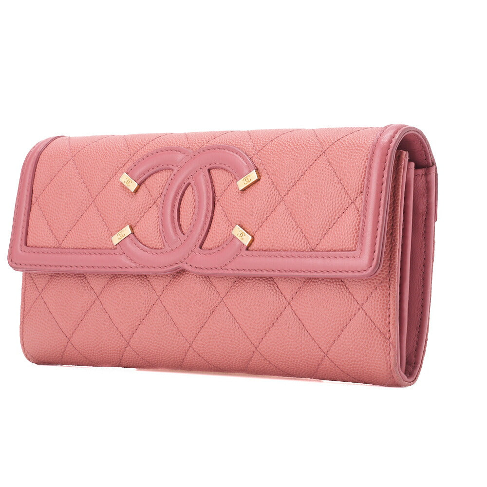 Gebrauchte zweifach faltbare lange Brieftasche Matelassé CC Filigrane Kaviarhaut Pink Goldfarbene Hardware Gebraucht