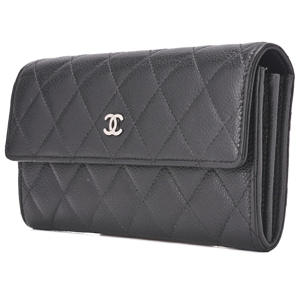 Gebrauchte Bi-fold Lange Brieftasche Matelassé Kaviar Haut Schwarz Silberfarbene Hardware Gebraucht