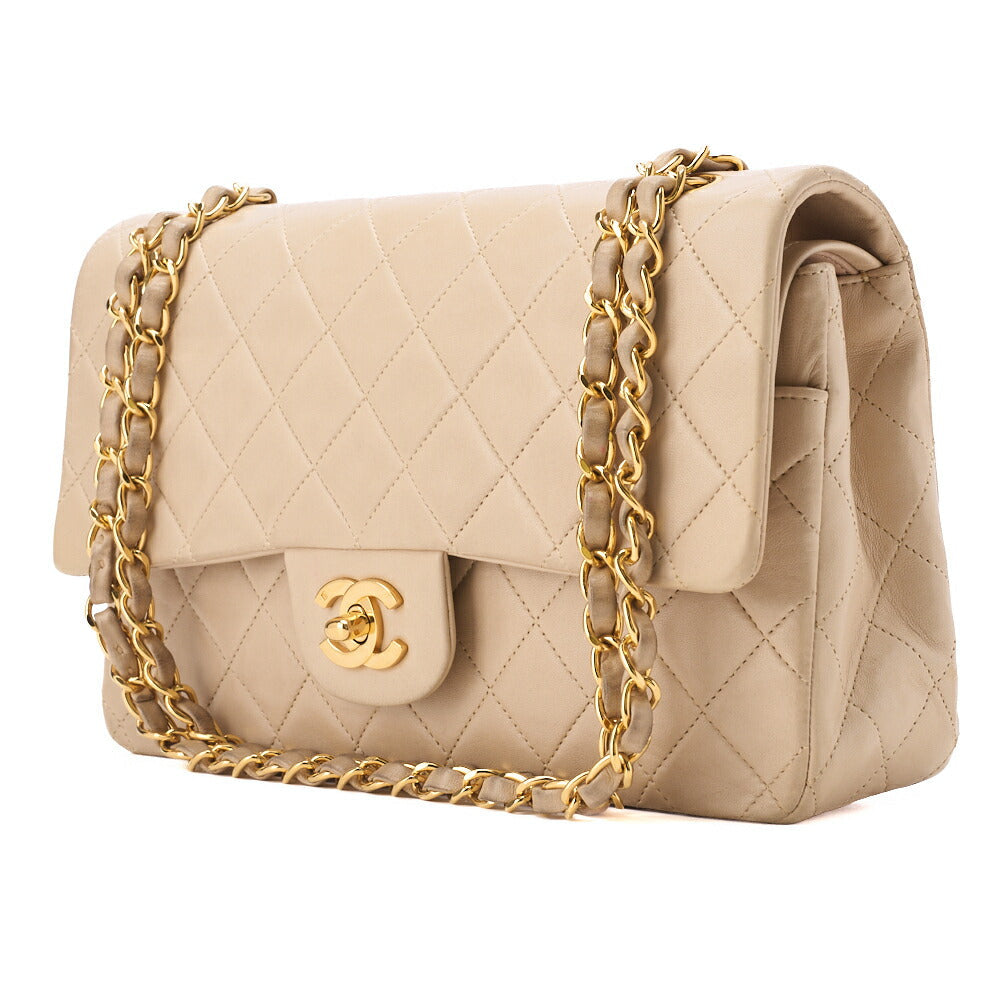 Pre-Owned Schultertasche Matelassé Doppelklappe Lammleder Beige Goldfarbene Hardware Pre-Owned