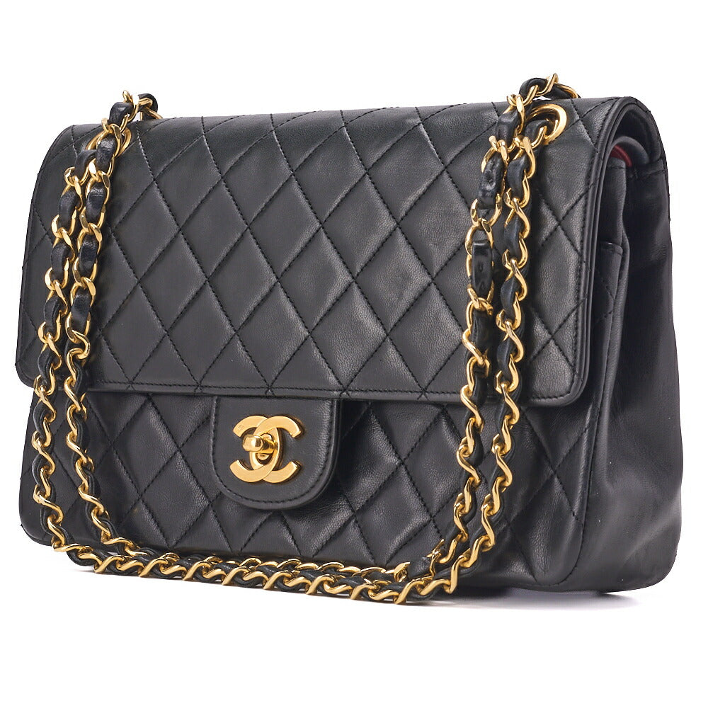 Pre-Owned Schultertasche Matelassé Doppelklappe Lammleder Schwarz Goldfarbene Hardware Pre-Owned