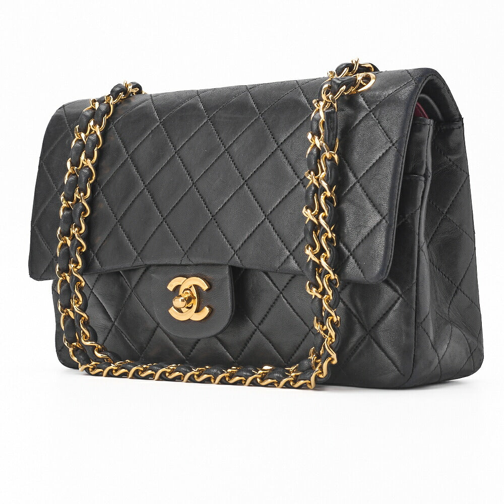 Pre-Owned Schultertasche, Matelassé Doppelklappe, Lammleder, Schwarz, Goldfarbene Hardware, Pre-Owned