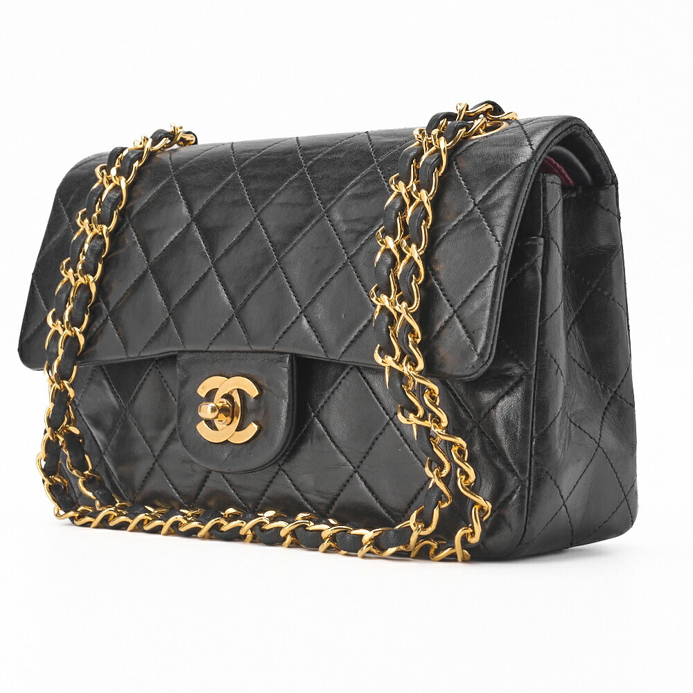 Pre-Owned Kette Schultertasche Matelassé Doppelklappe Lammleder Schwarz Goldfarbene Hardware Pre-Owned