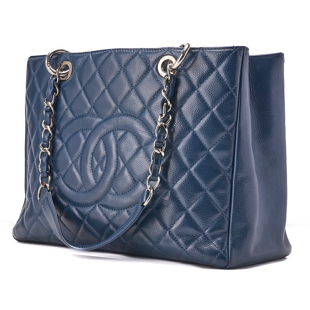 Pre-Owned Schultertasche Tote Bag Matelassé Caviar Skin Navy Silberfarbene Hardware Pre-Owned