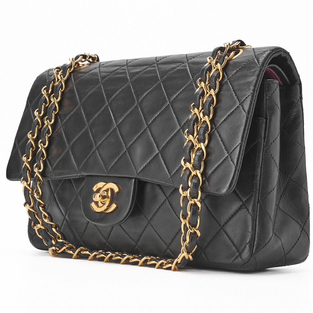 Pre-Owned Schultertasche Matelassé Doppelklappe Lammleder Schwarz Goldfarbene Hardware Pre-Owned