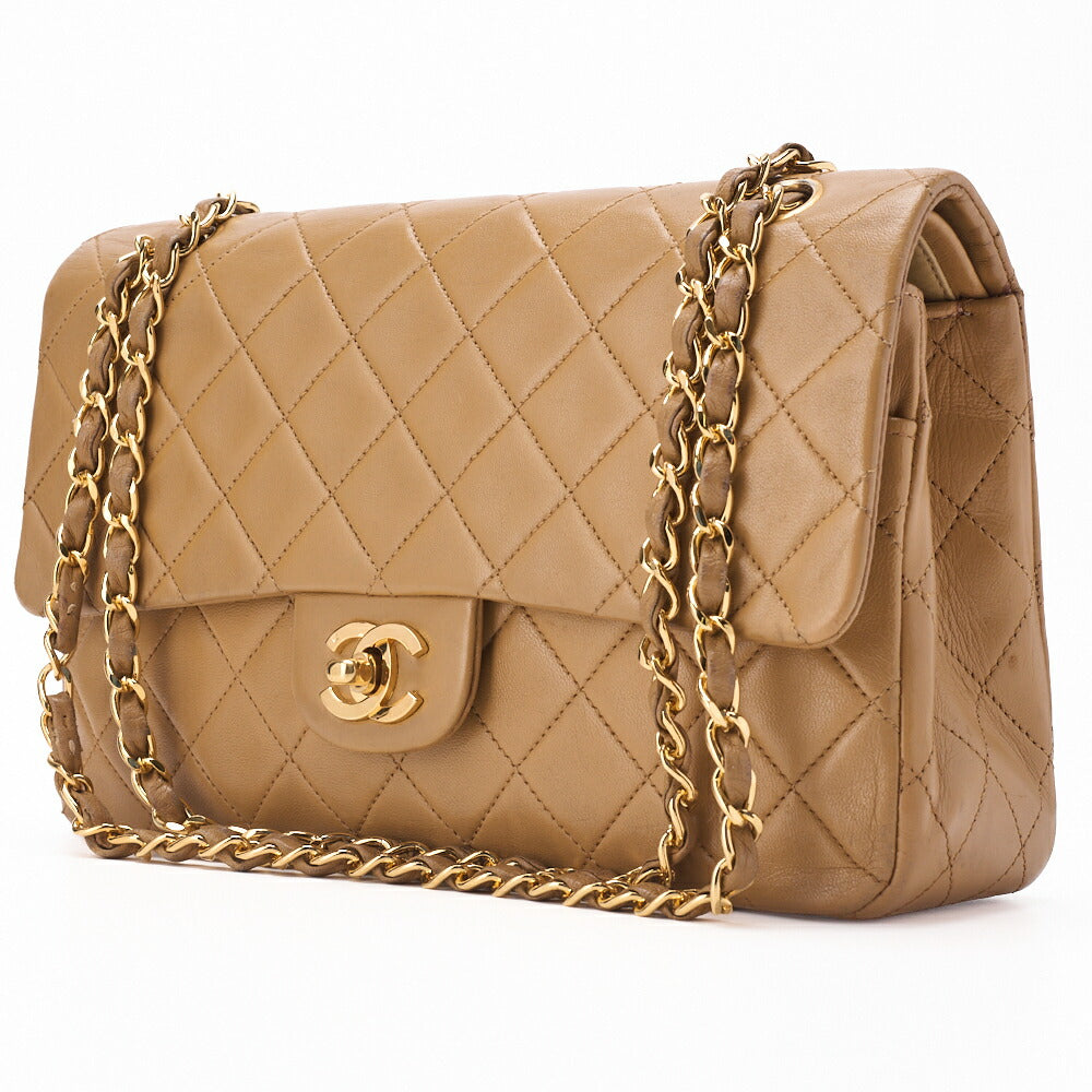 Pre-Owned Schultertasche Matelassé Doppelklappe Lammleder Beige Goldfarbene Hardware Pre-Owned