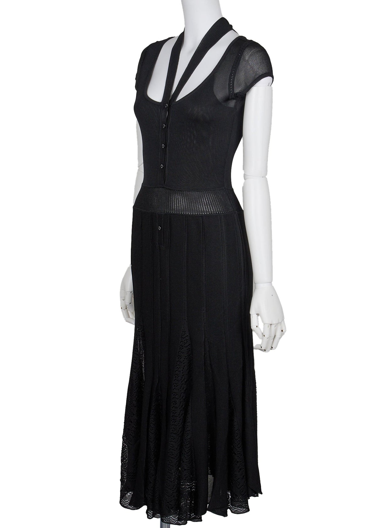 Gebrauchtes Einteilerkleid, Logo-Knopf, Viskose, Schwarz, Goldfarbene Metallteile, Gebraucht