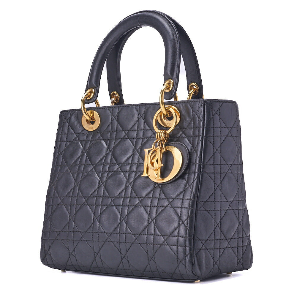 Gebrauchte Lady Cannage Handtasche Lammleder Schwarz Goldfarbene Hardware Gebraucht