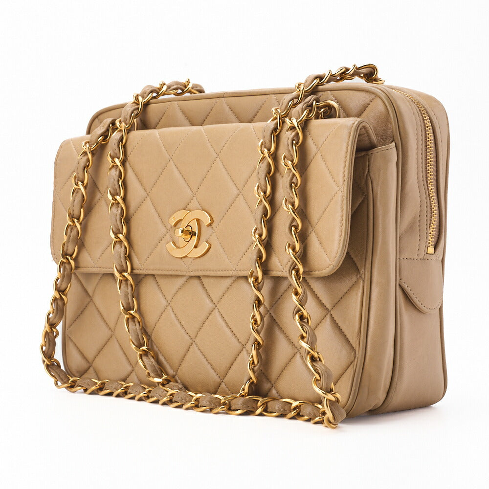 Pre-Owned Schultertasche, Matelassé-Drehverschluss, Lammleder, Beige, goldfarbene Metallteile, Pre-Owned