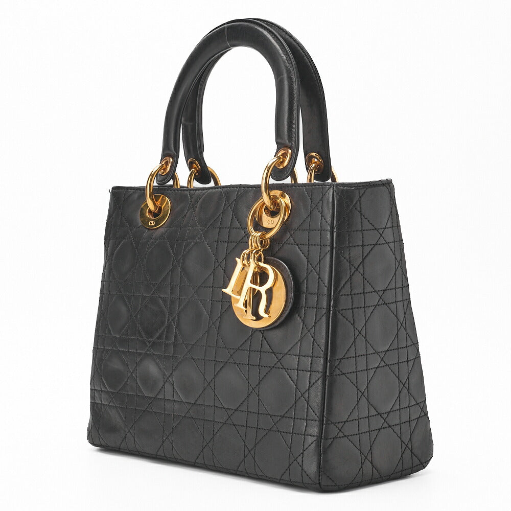 Gebrauchte Damenhandtasche Cannage Lammleder Schwarz Goldfarbene Hardware Gebraucht