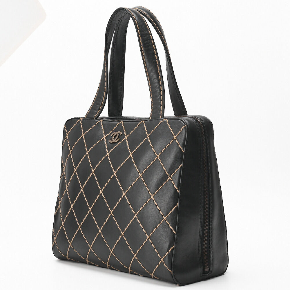 Gebrauchte Tragetasche Coco Mark Wild Stitch Kalbsleder Schwarz Silberfarbene Hardware Gebraucht