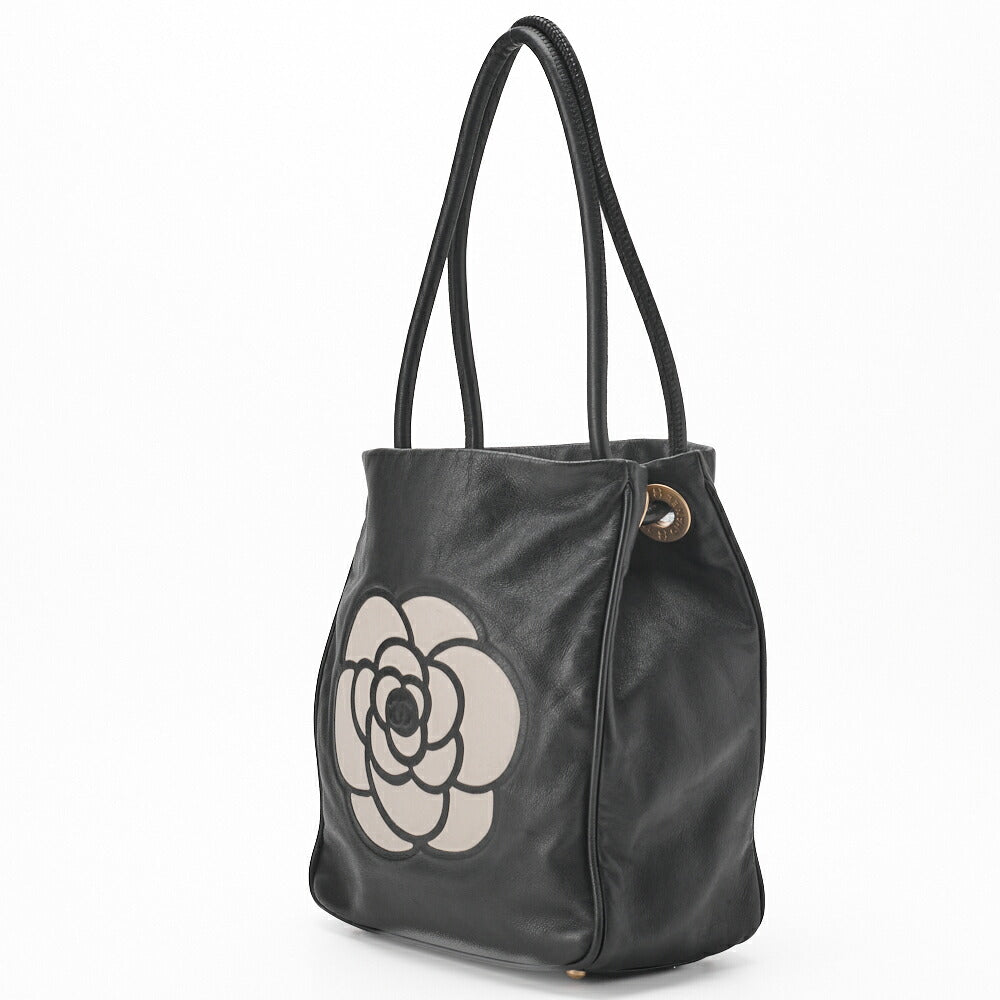 Gebrauchte Tragetasche Camellia Line Lammleder Schwarz Goldfarbene Hardware Gebraucht