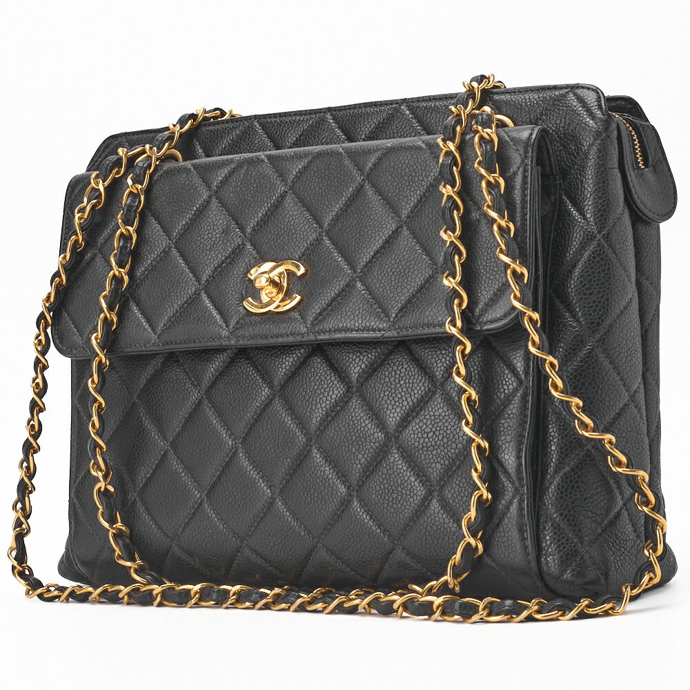 Pre-Owned Schultertasche Matelassé Caviar Skin Schwarz Goldfarbene Hardware Pre-Owned