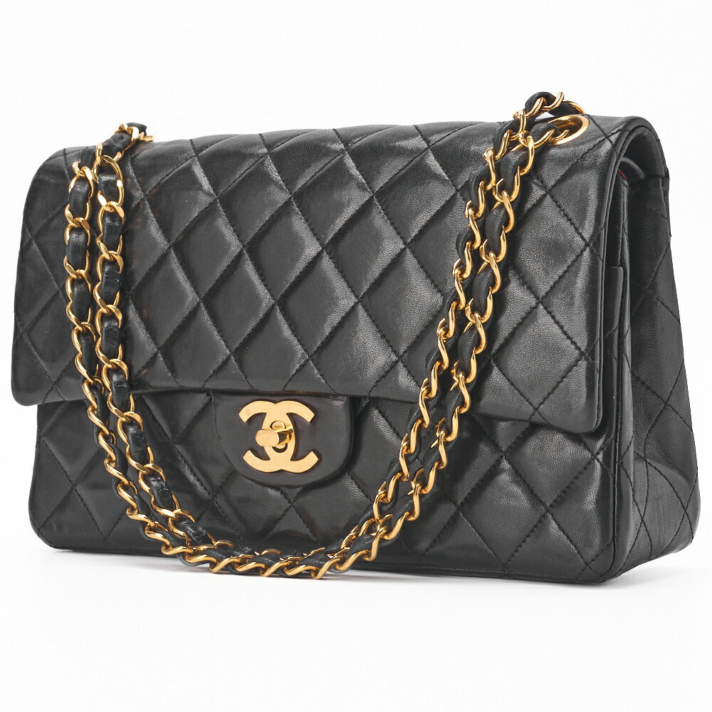 Pre-Owned Schultertasche Matelassé Doppelklappe Lammleder Schwarz Goldfarbene Hardware Pre-Owned